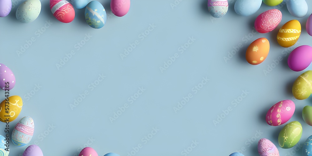 Easter eggs on blue table background with copy space. Generative AI