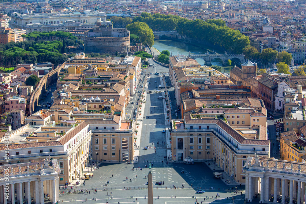 Aerial view on Sait Peter's Square and Egyptian obelisk from dome of Saint Peter's Basilica, Vatican, Rome, Italy.