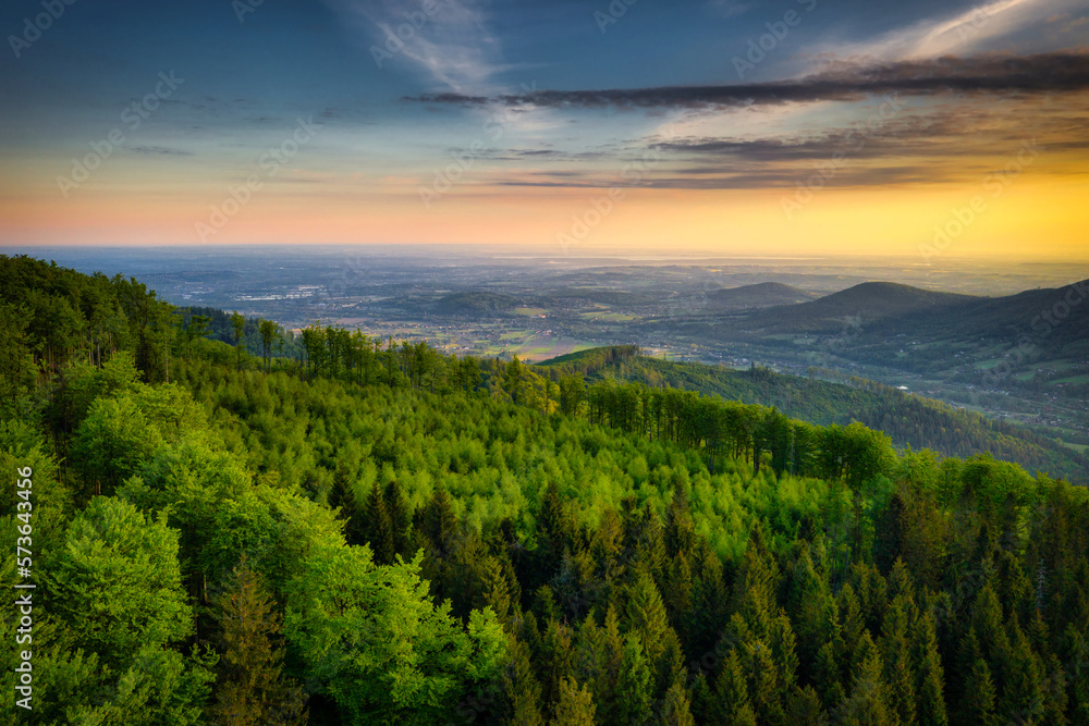 Panorama of the Silesian Beskids at sunrise. Poland Panorama of the Silesian Beskids at sunrise. Poland