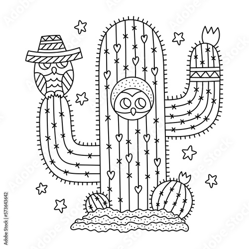 Big cactus with little owl. Desert plant and animals. Mexican sombrero. Summer nature. Funny cute coloring page for kids. Cartoon vector illustration. Isolated on white. Outlined drawing. Clipart