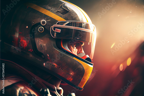 Race driver with helmet Sports car race track Design photo