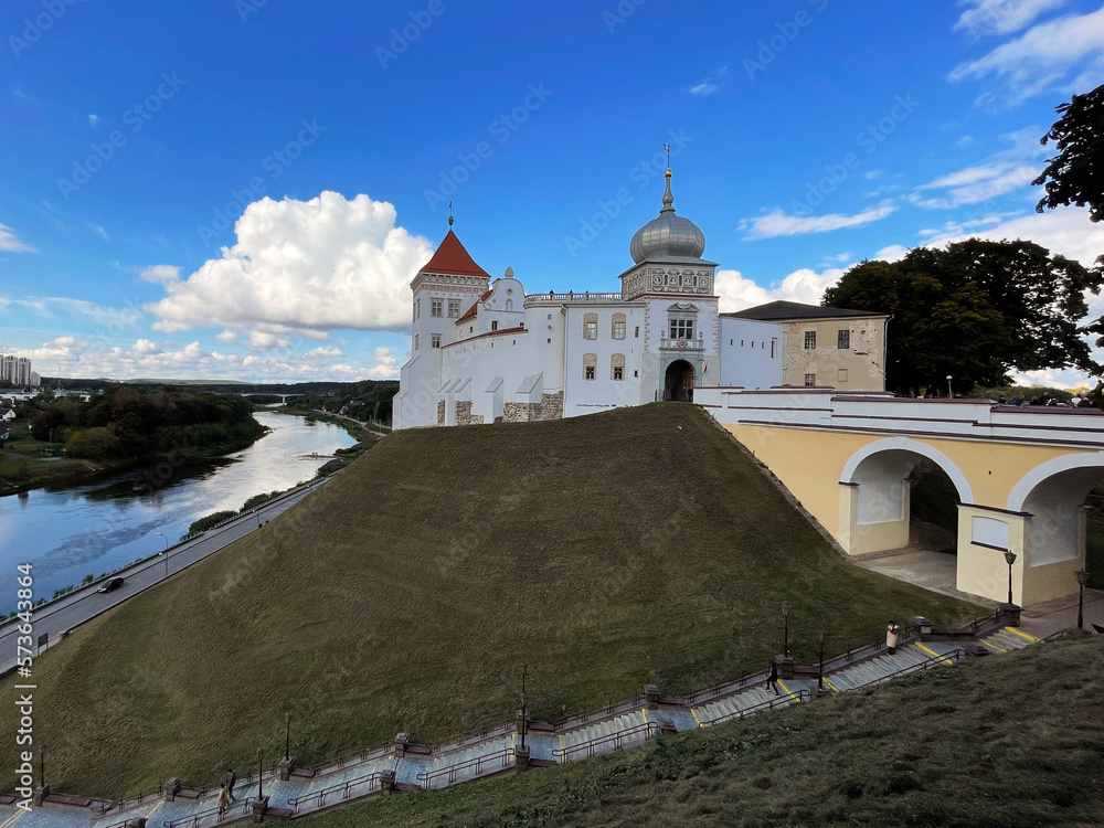 Grodno Old castle on the Castle Hill, an ancient oldest royal Castle of Belarus and church, historical monument. 