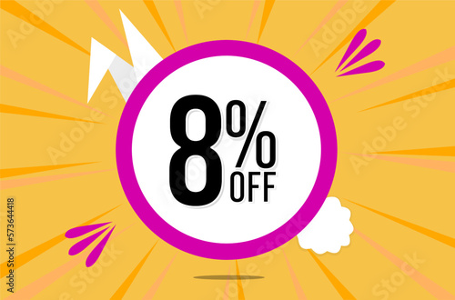 8 percent off. Orange banner with floating pink and white balloon for easter special offer and promotion