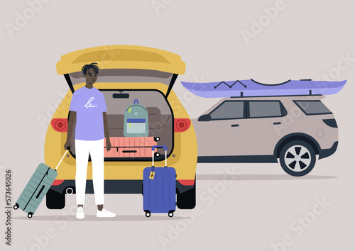A young character packing suitcases in a car trunk, summer break road trip, vacation lifestyle