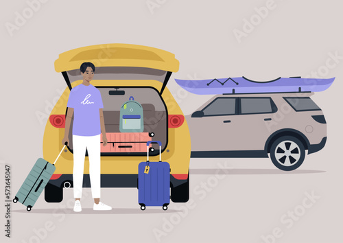 A young character packing suitcases in a car trunk, summer break road trip, vacation lifestyle