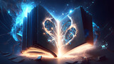 The magical book with blue radiance, magic and enchantment.