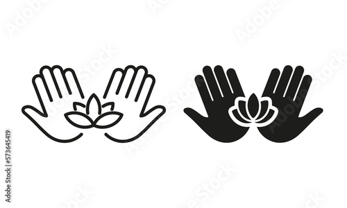 Hand Hold Lotus Silhouette and Line Icon Set. Palm and Flower, Medical Care Beauty Acupuncture Pictogram. Yoga Esoteric Meditation. Medical Massage. Editable Stroke. Isolated Vector Illustration
