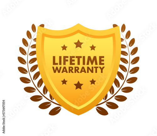 Lifetime warranty gold sign, label. Vector stock illustration.