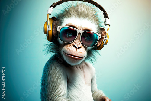 Fotografia white funny monkey with headphones wearing shades, generative ai