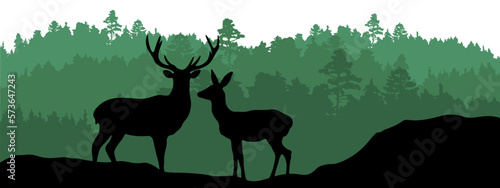 Black silhouette of wild deer family and green forest fir trees camping wildlife landscape panorama illustration icon vector for logo, isolated on white background