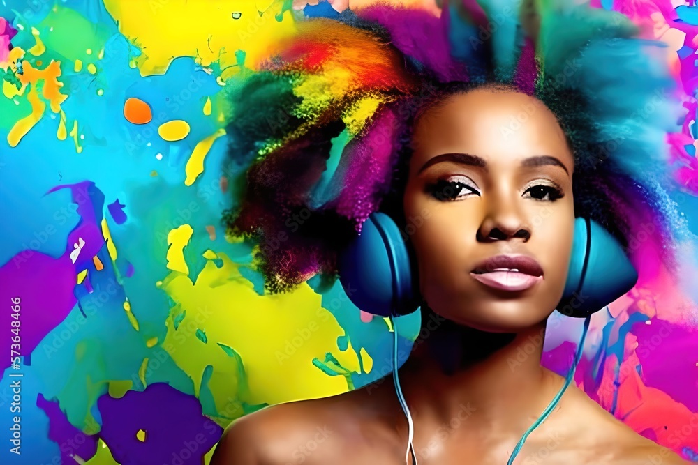 Fototapeta premium Stylized portrait of a beautiful black girl with headphones, with paint splashes. colorful paints smudges, spatter. Generative ai 