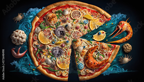 Delicious Seafood Pizza. Concept promotional flyer and poster for Restaurants or pizzerias - Generative AI © jovannig
