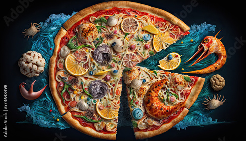 Delicious Seafood Pizza. Concept promotional flyer and poster for Restaurants or pizzerias - Generative AI