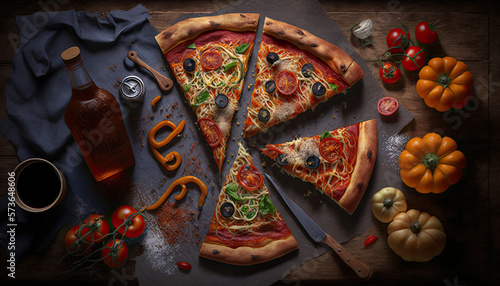 Delicious Pizza with many Ingredients. Concept promotional flyer and poster for Restaurants or pizzerias - Generative AI