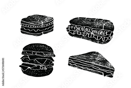 Vector set of hand drawn illustration: hot dog, sandwich and hamburger