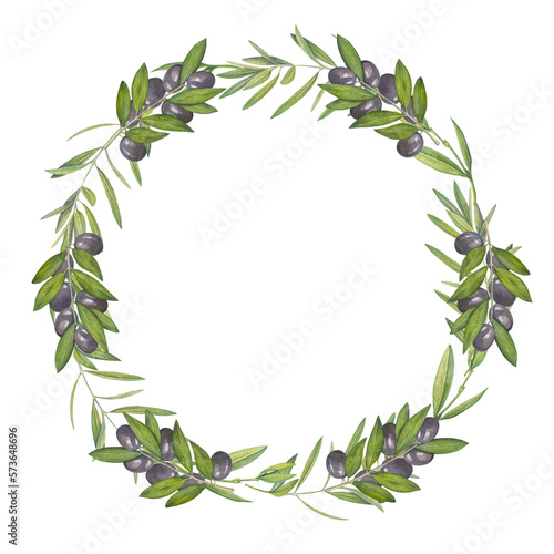 round frame with watercolor image of olive branches and black olives
