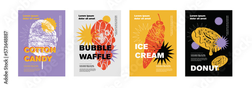 Cotton candy, bubble waffle, ice cream, donut. Price tag or poster design. Set of vector illustrations. Typography. Vintage pencil sketch. Engraving style. Labels, cover, t-shirt print, painting.