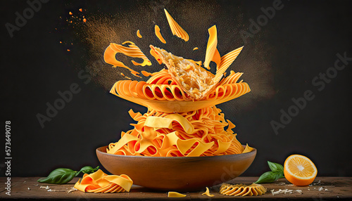 Pasta fusilli with mozzarella cheese, tomatoes and basil on a dark background - Generative AI