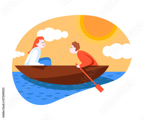 Man and Woman Tourist Character Sailing Wooden Boat on Vacation Trip or Journey Vector Illustration