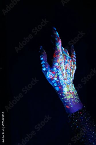 Modern psychedelic creative element with human palm for posters, banners, wallpapers. Two hands in pop art collage style in neon bold colors. Copy space for text. Magazine style. Zin culture. © Yuliia