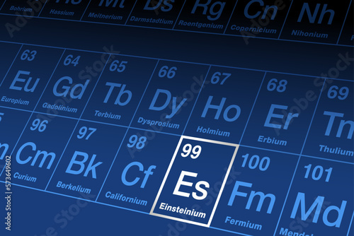Einsteinium on periodic table. Radioactive transuranic metallic element in the actinide series, with atomic number 99 and symbol Es, named in honor of Albert Einstein. Used for scientific researches.
