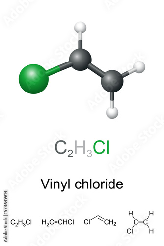 Vinyl chloride, vinyl chloride monomer, VCM, or chloroethene, ball-and-stick model, molecular and chemical formula. Carcinogenic, flammable gas, with sweet odor. Chemical compound to produce PVC.