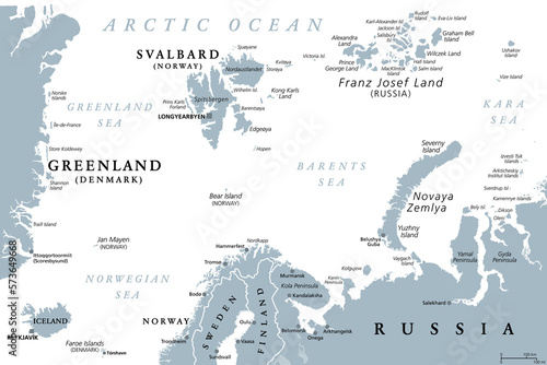 Arctic Ocean region, north of mainland Europe, gray political map. From eastern Greenland to Svalbard, to Franz Josef Land, with parts of the countries Iceland, Norway, Sweden, Finland and Russia. photo