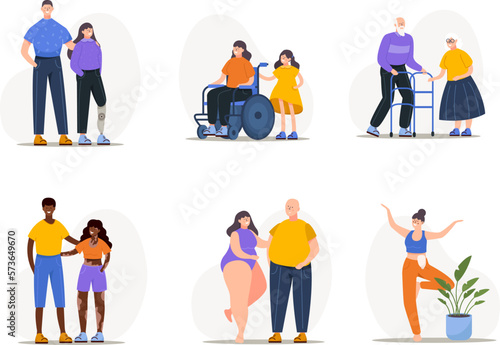 Collection of people with disabilities with their families and loved ones. Set of men, women, children, seniors with disabilities or limitations.
