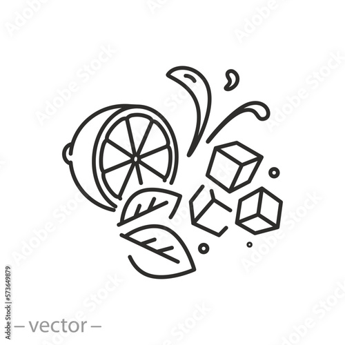 fresh lemon icon, refreshing lime with ice cubes, juice splash drops, line symbol on white background - editable stroke vector illustration eps10