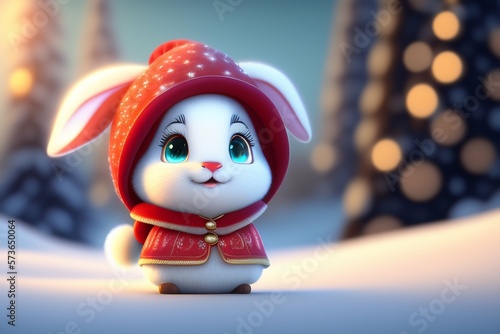 Cute whiteRabbits. Beauty Art Design of Cute Little Easter Bunny in the snow AI Genrative photo