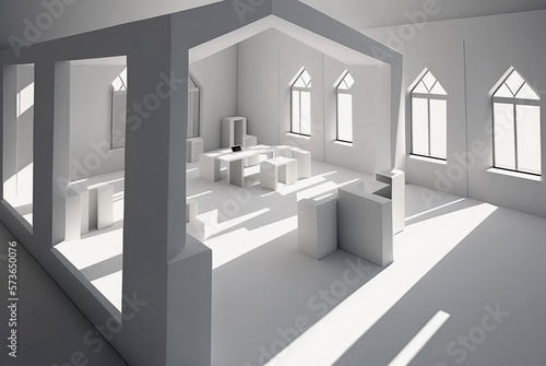 Generative AI illustration of minimalist office white, futuristic, feng shui, zen
