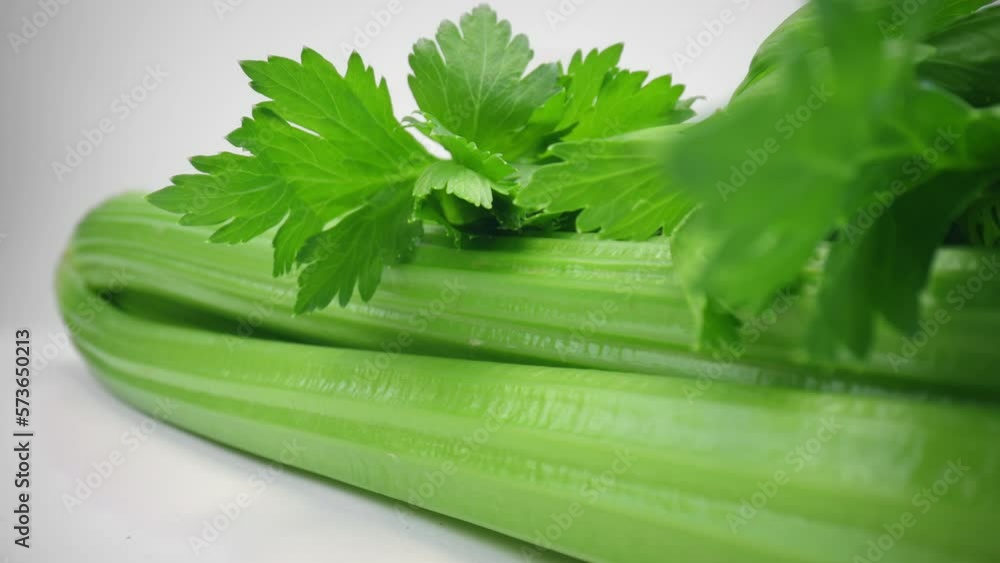 Vidéo Stock Macro shot fresh green celery stalks lying on white board