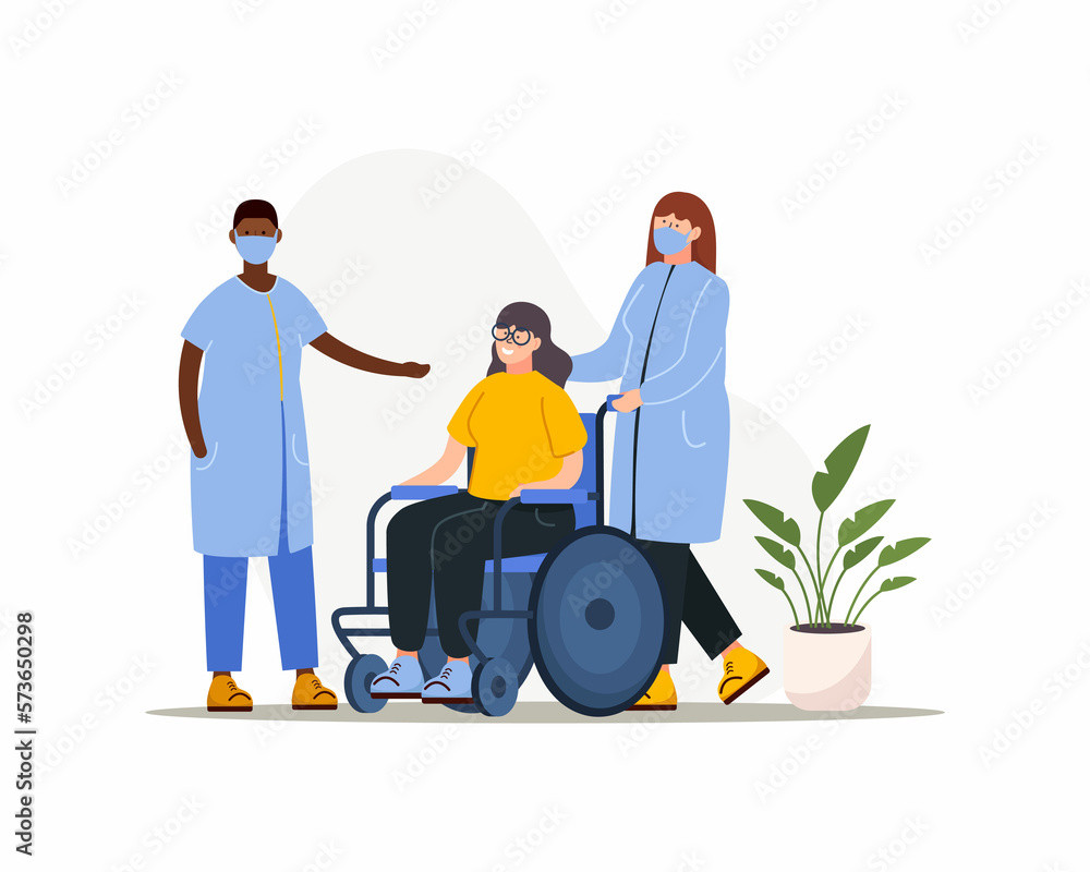 Therapists assist patients during physiotherapy and rehabilitation. Physiotherapy treatment for people with disabilities in wheelchairs. Vector illustration Therapists assist patients during physiotherapy and rehabilitation. Physiotherapy treatment for people with disabilities in wheelchairs. Vector illustration