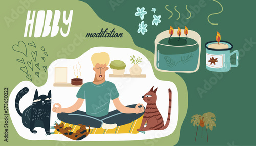 Collage on the theme of hobbies, free time, the character of a guy, a man sitting in a lotus position, meditation, yoga, relaxation, pets, vector illustration.