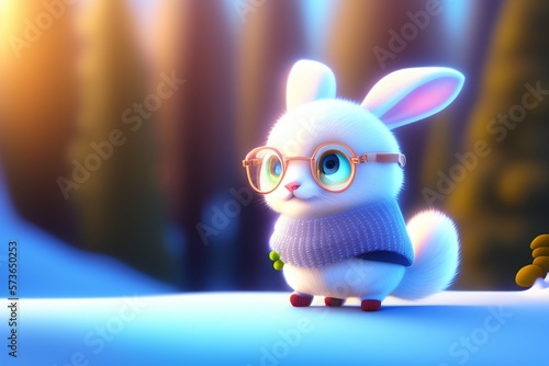 Cute whiteRabbits. Beauty Art Design of Cute Little Easter Bunny in the snow AI Genrative photo