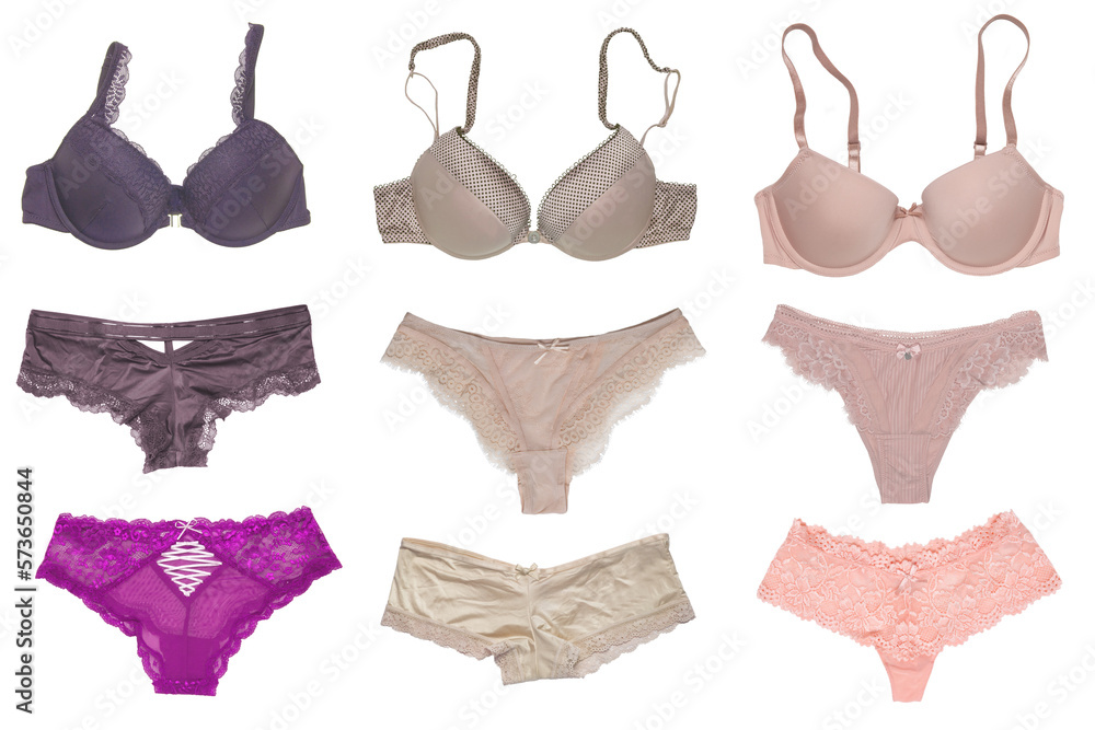 Underwear woman isolated. Collage of luxurious elegant lacy thongs panties  and female stylish various bra with laces and straps. Set of sexy lace  lingerie. Stock Photo