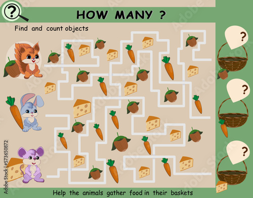 Find and count objects. Maze with animals food. Educational mathematical game for children. Vector illustration.