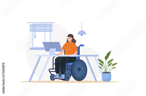 Women with physical disabilities or impairment working from home or office sitting in wheelchairs. Vector illustration for support, diversity, disability, lifestyle 