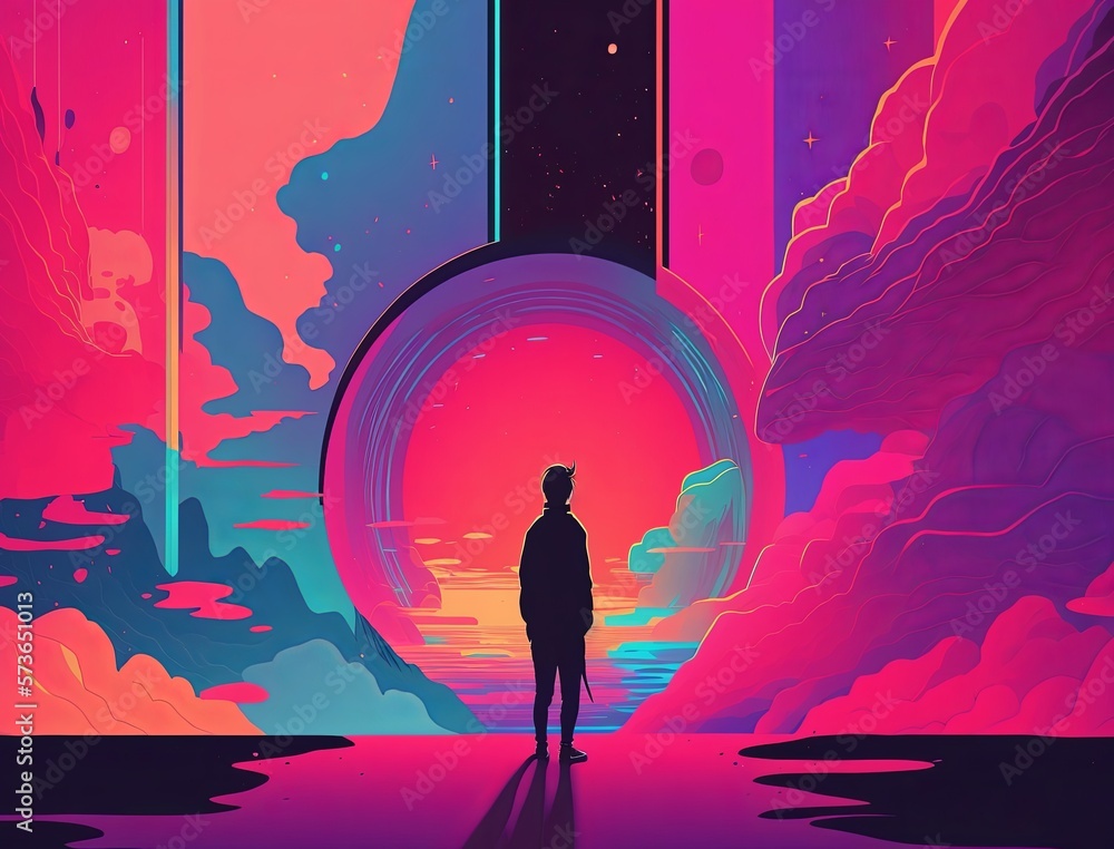 Naklejka premium Man silhouette on the clouds against a portal with neon colors. Concept of journey, spirituality, mindfulness and connected to nature. Generative AI.
