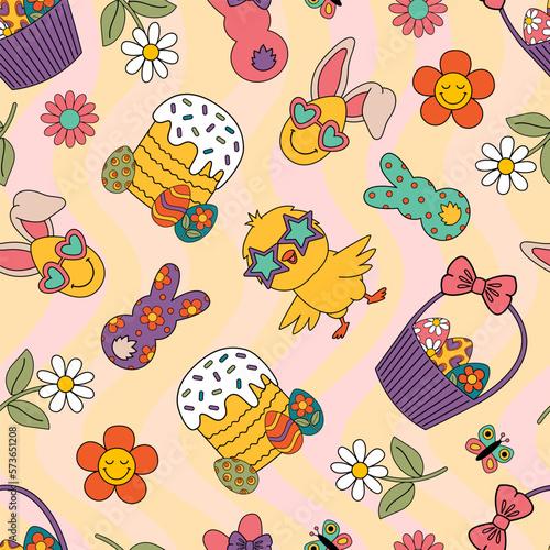 seamless pattern with groovy chicken  and easter elements