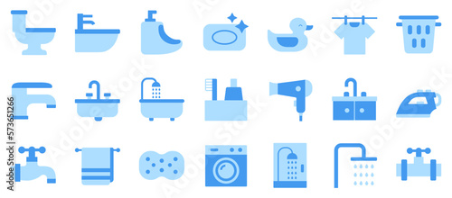 set of vector bathroom icons, toilet, bidet, urinal, rubber duck, laundry, sink battery, bath, toothpaste, toothbrush, hair dryer, shower, sponge, water faucet, towel, pipe, iron, blue icon set