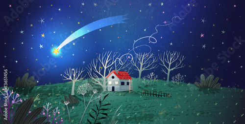 Little house in nature landscape at night under the stars. Shooting star in dark sky, artistic fairytale wallpaper drawing for kids. Hand drawn surreal textured background vector illustration.