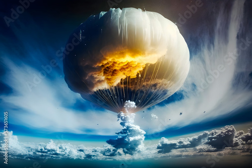 Weather balloon shot down by air defense missile for violating the boundaries of the territory. Defeat spy objects, air border flies over land ocean clouds, tracking scientific research. Generative AI