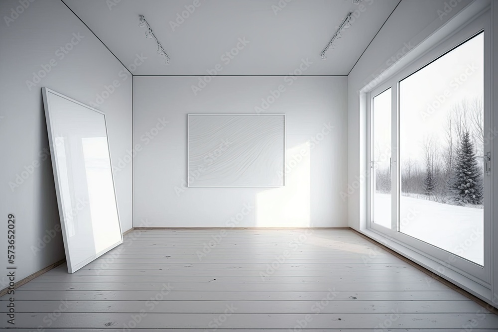 Fototapeta premium A minimalist white room with a wooden floor, a wide wall decorated with art, and a white landscape beyond the window. It's an indoor background. Scandinavian design for the home. Generative AI