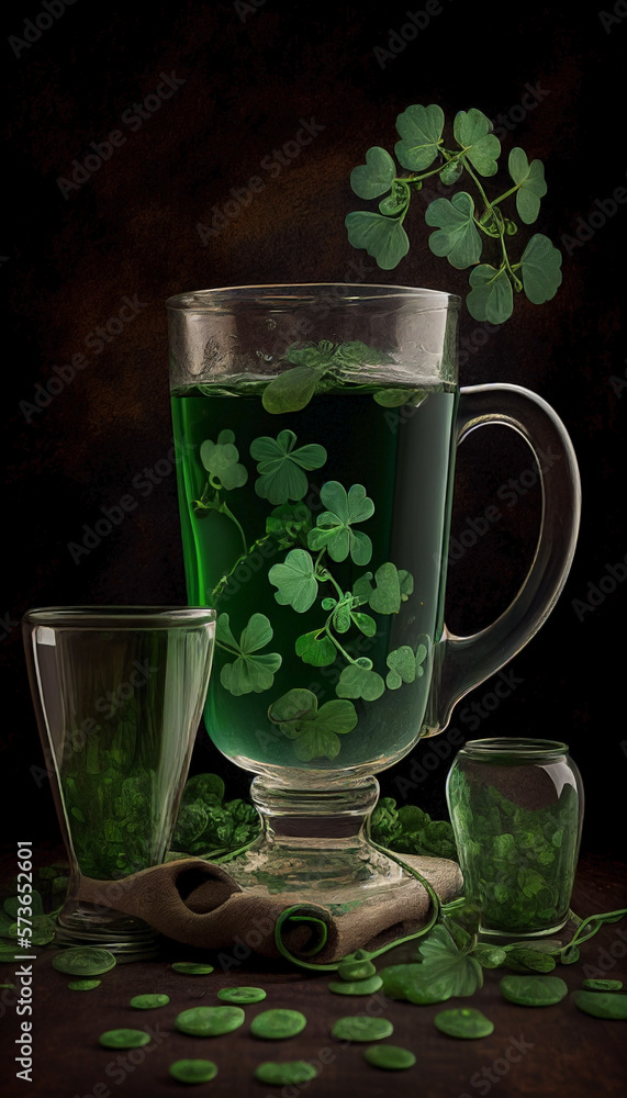 Still life celebrating Saint Patrick's Day: Green colors, many clovers and a glass of beer. Illustration generated by artificial intelligence. Still life celebrating Saint Patrick's Day: Green colors, many clovers and a glass of beer. Illustration generated by artificial intelligence.