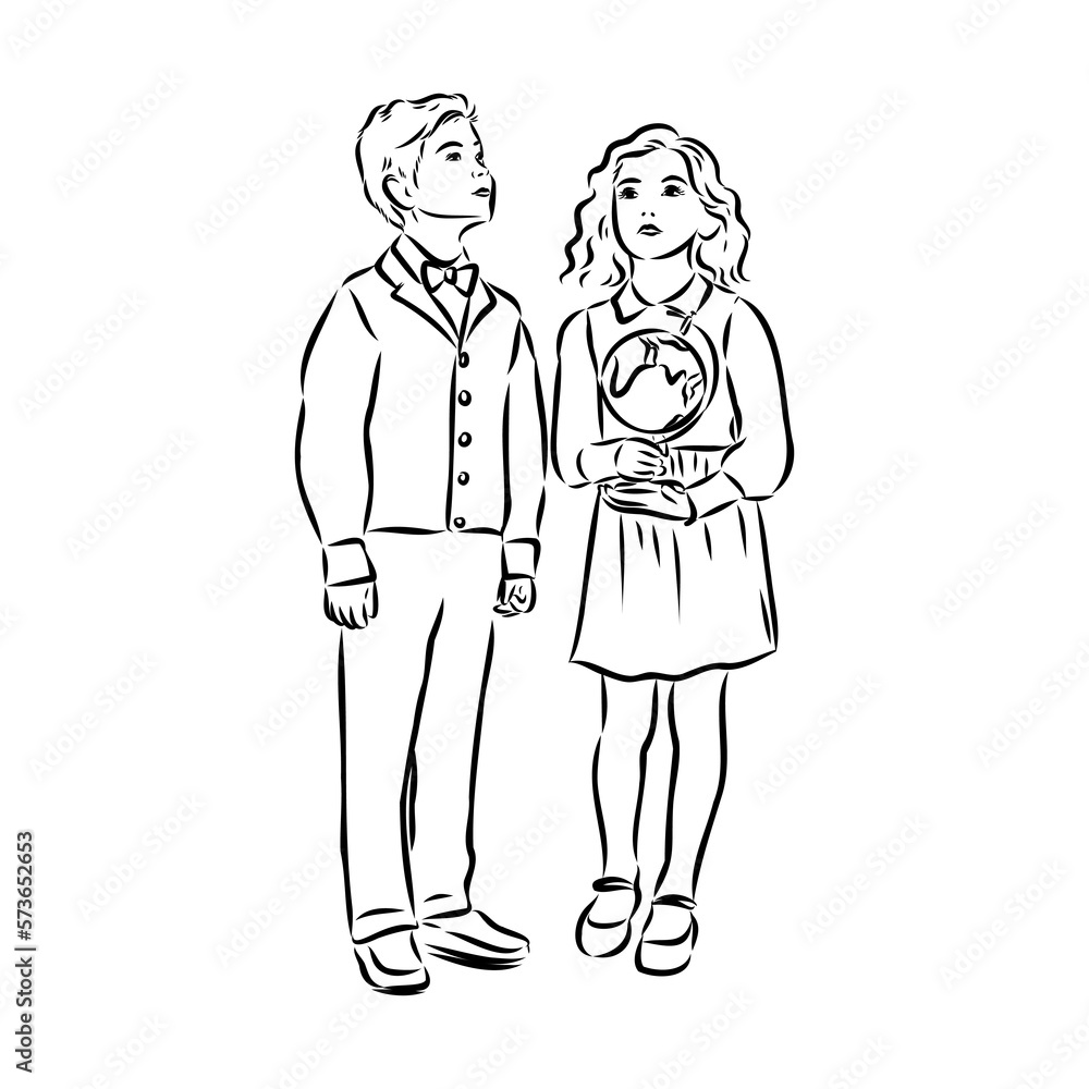 Schoolchildren go to school hand in hand. Sketch. Schoolchildren go to school hand in hand. Sketch.