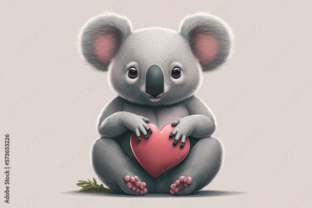 Naklejka premium Koala Bear Sitting With Pink Heart, Funny Grey Animal Character Illustration. Generative AI