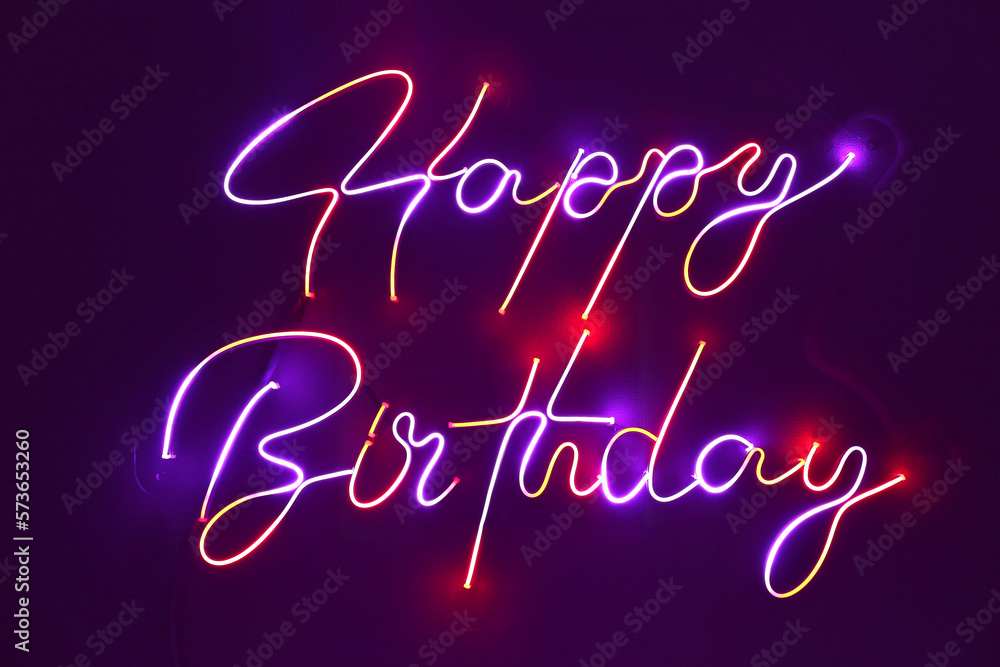 Pink neon happy birthday. Trendy style. Happy Birthday background. Neon sign. Custom neon. Party decor.