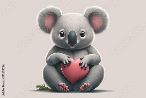 Koala Bear Sitting With Pink Heart  Funny Grey Animal Character Illustration. Generative AI