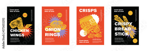 Chicken wings, onion rings, crisps, crispy bread, stick. Price tag or poster design. Set of vector illustrations. Typography. Engraving style. Labels, cover, t-shirt print, painting.